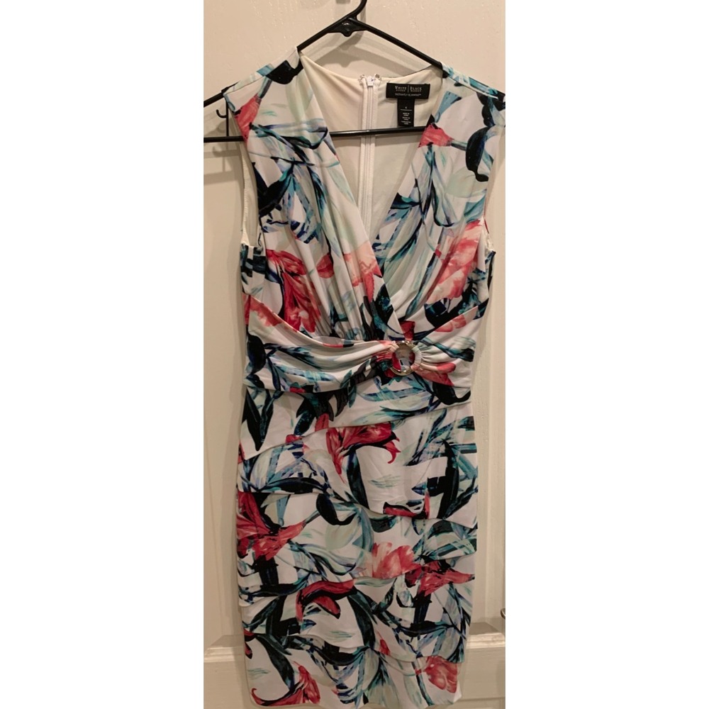 White House Black Market Watercolor Floral Pink Instantly Slimming Dress SZ 4‎